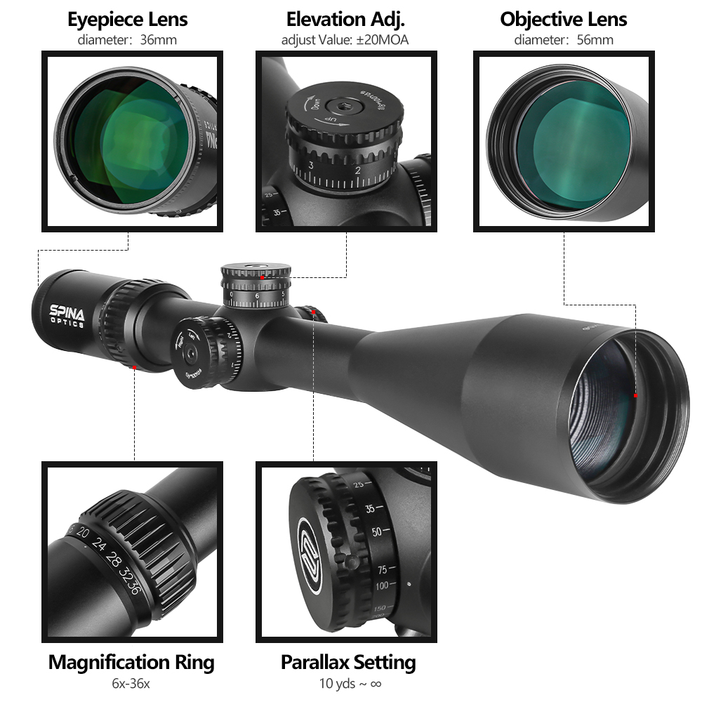 SPINA Optics 6-36x56 SFP Mid Dot Reticle Tactical Rifle Hunting Scope
