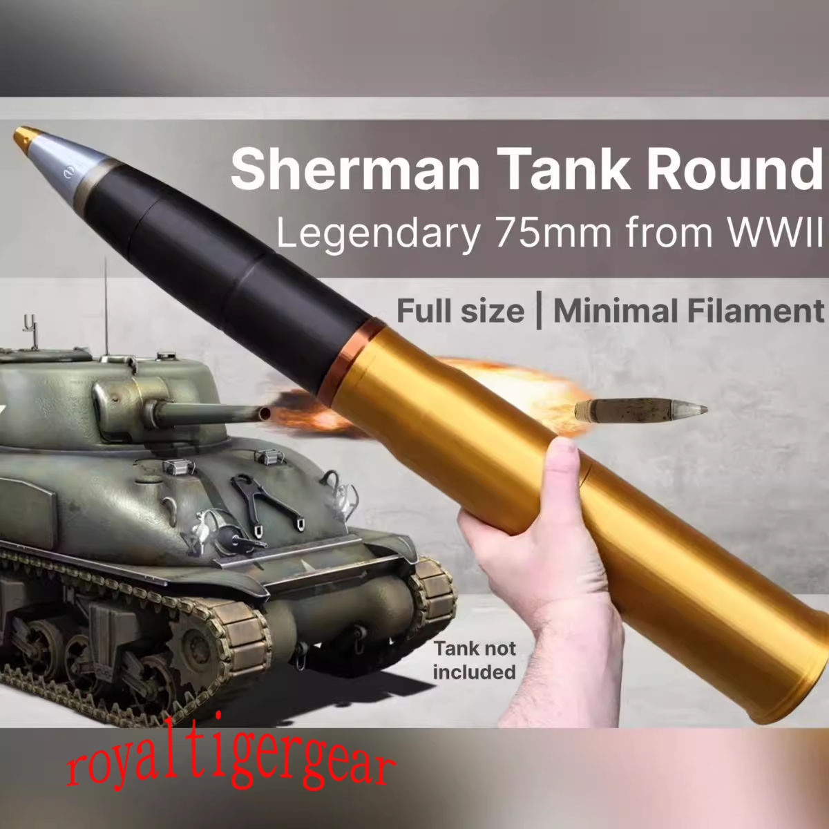 WW2 US Sherman Tank Gun Cannon 75mm Shell Warhead 1/1 3D Paint Model Stage Prop